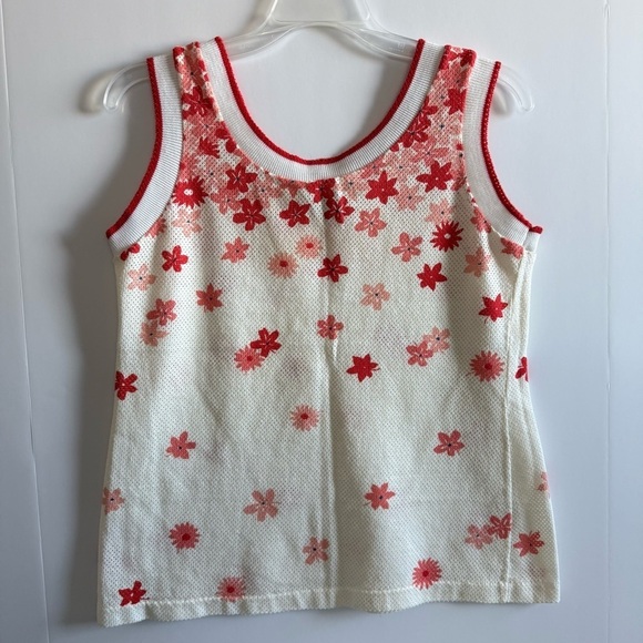 Catalina Sportswear Vintage Tank Top Sleeveless Round Neck Ivory Red Flowers L - Picture 3 of 9
